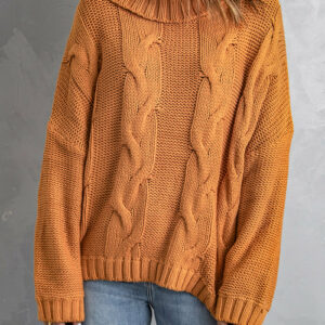 New Yellow Handmade Cable Knit Turtleneck Sweater