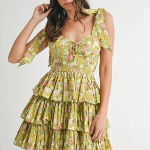 MABLE Floral Print Shoulder Tie Layered Mini Dress
